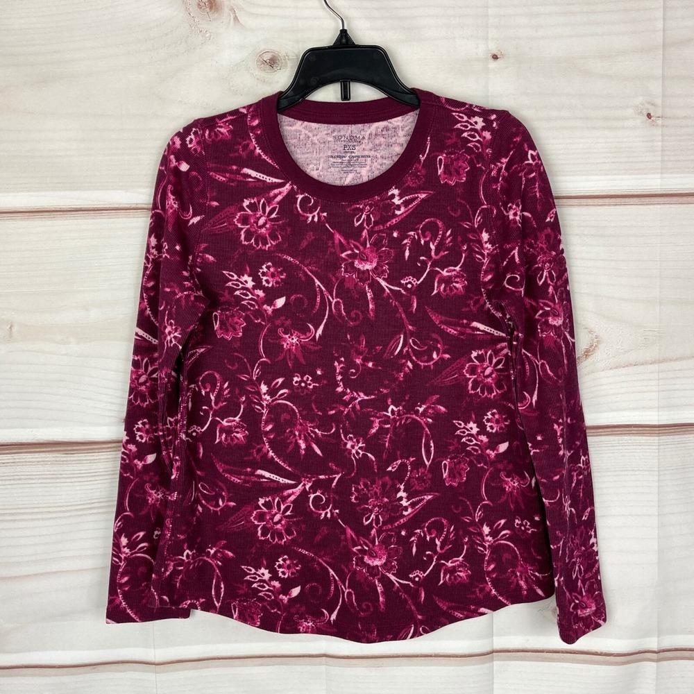 Sonoma Top Womens PXS Petite Floral Crew Neck Thermal Pink Red Long Sleeve Knit